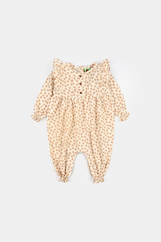Infant Girls Cotton Jacquard Woven Romper - Beige