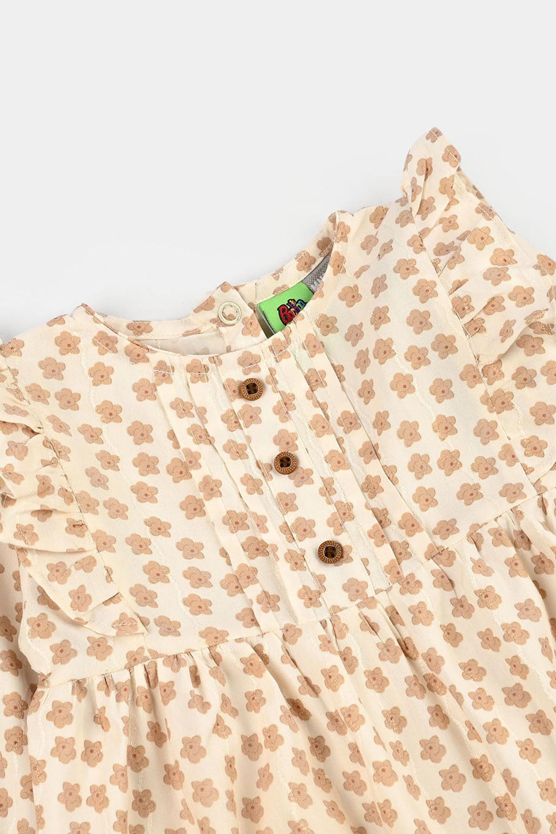 Infant Girls Cotton Jacquard Woven Romper - Beige