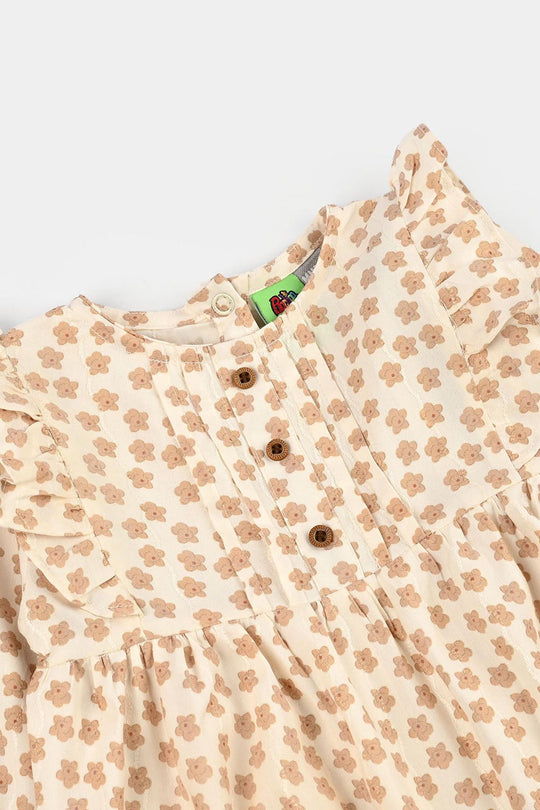 Infant Girls Cotton Jacquard Woven Romper - Beige