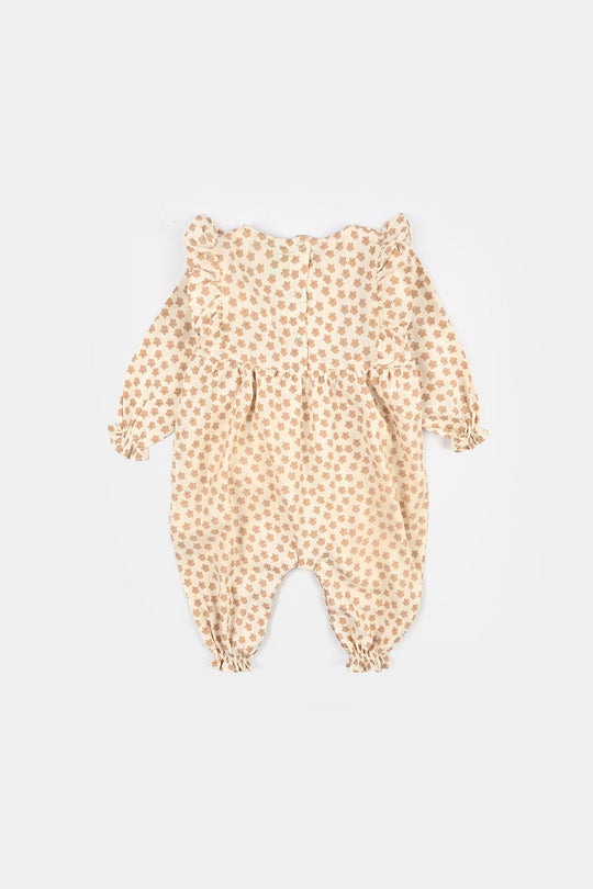 Infant Girls Cotton Jacquard Woven Romper - Beige
