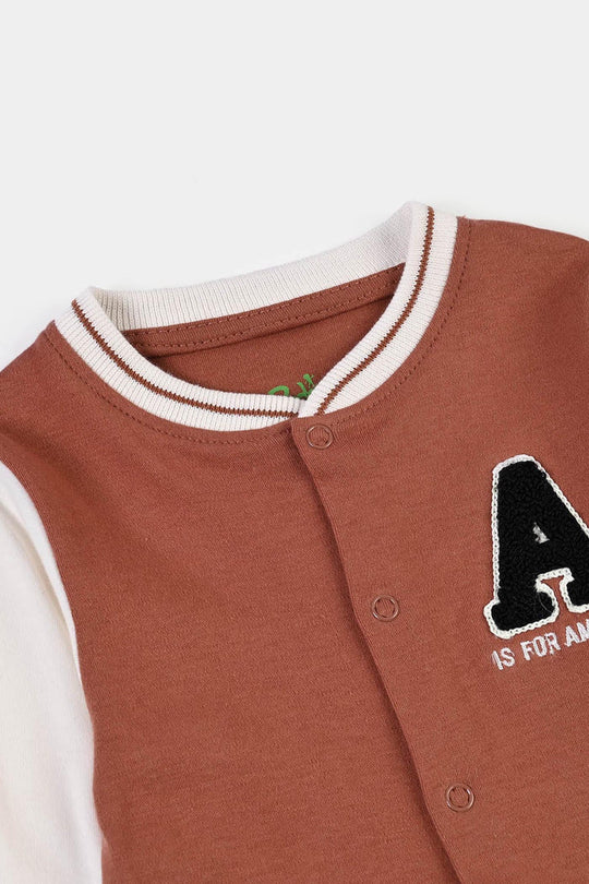 Infant Boys Cotton Interlock Knitted Romper VARSITY - Amazing-BROWN