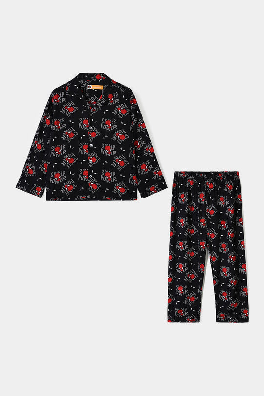 Boys Linen Viscose Nightwear Spider Power -BLACK