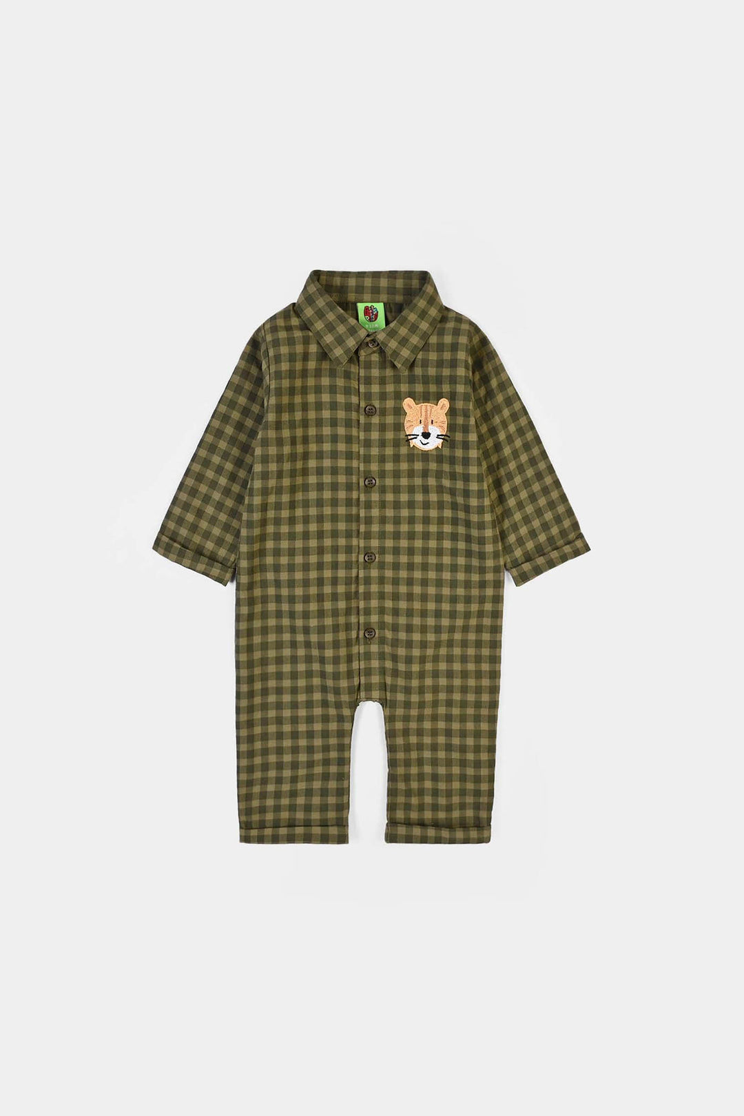 Infant Boys Yarn Dyed Woven Romper-Olive - GREEN
