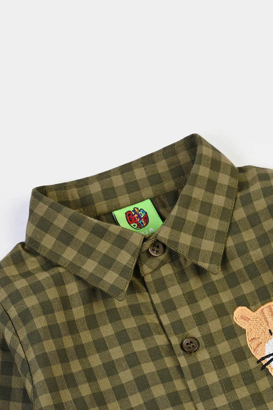 Infant Boys Yarn Dyed Woven Romper-Olive - GREEN