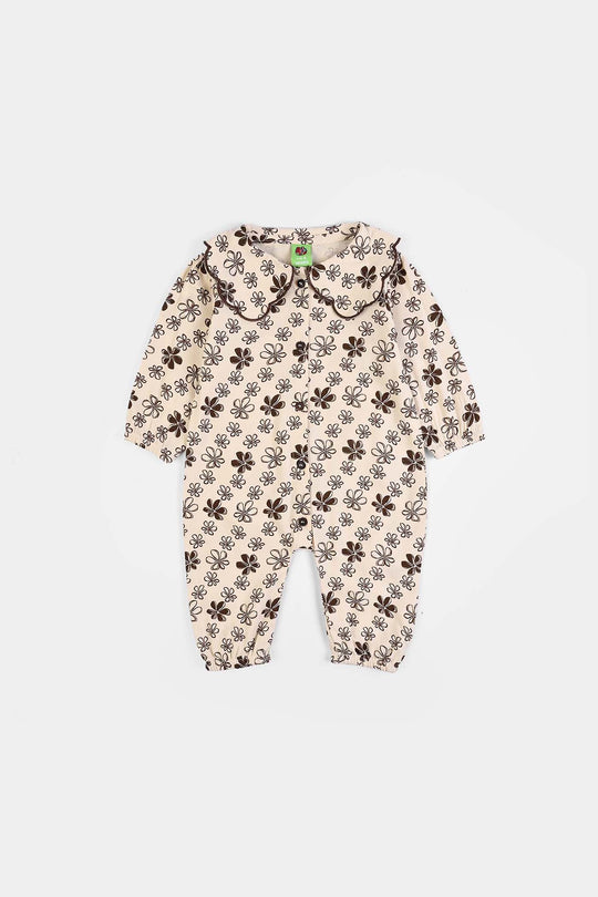 Infant Girls Cotton Woven Romper Cocoa- Cream