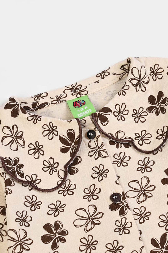 Infant Girls Cotton Woven Romper Cocoa- Cream