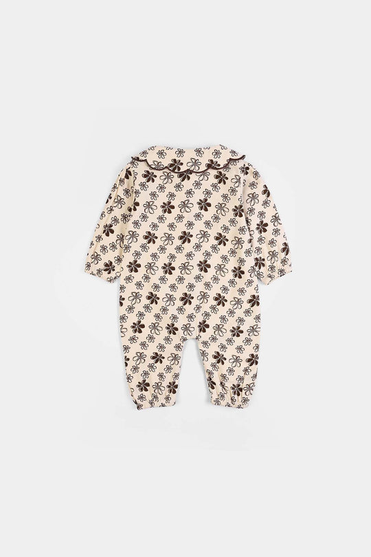 Infant Girls Cotton Woven Romper Cocoa- Cream