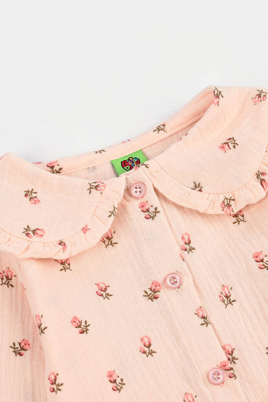 Infant Girls Gauze Woven Romper - Lillies - Pink