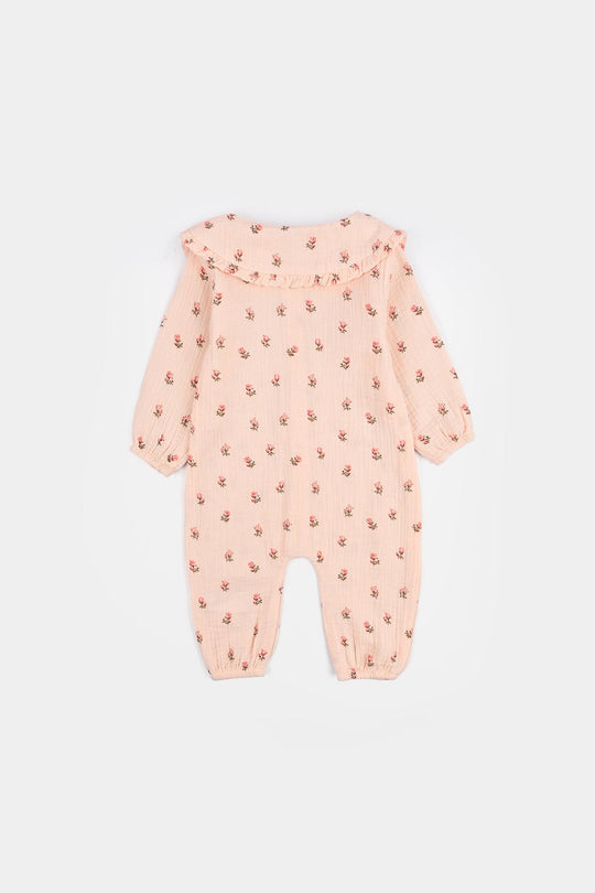 Infant Girls Gauze Woven Romper - Lillies - Pink