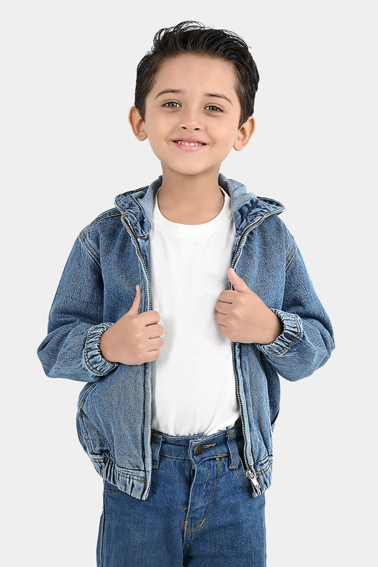 Boys Denim Rigid Jacket Adventure Awaits - Mid Blue