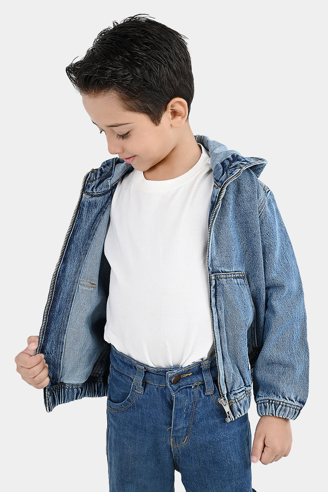 Boys Denim Rigid Jacket Adventure Awaits - Mid Blue