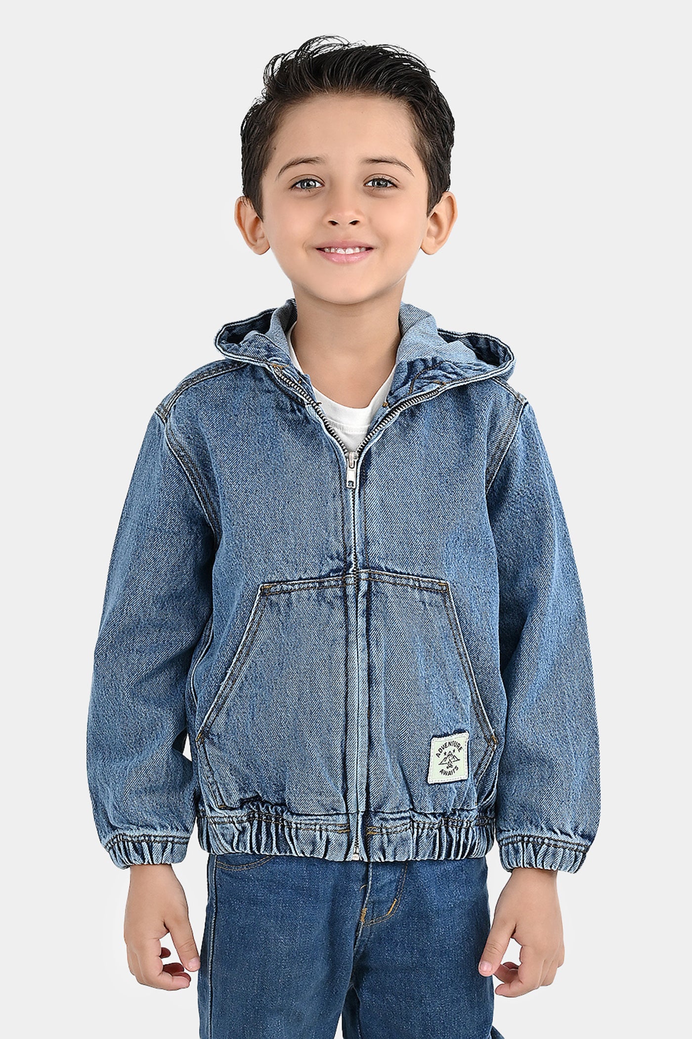 Boys Denim Rigid Jacket Adventure Awaits - Mid Blue | Bachaa Party