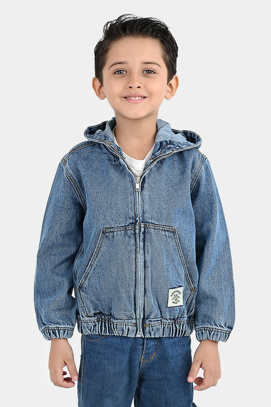 Boys Denim Rigid Jacket Adventure Awaits - Mid Blue