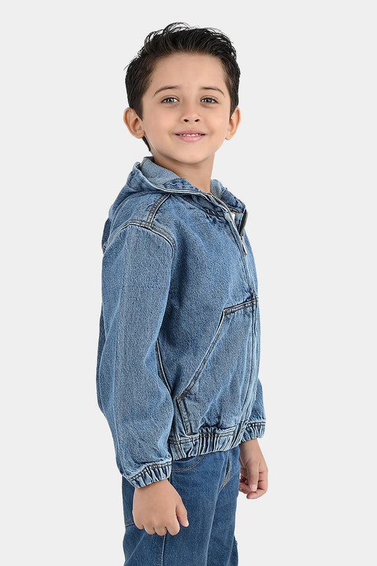 Boys Denim Rigid Jacket Adventure Awaits - Mid Blue