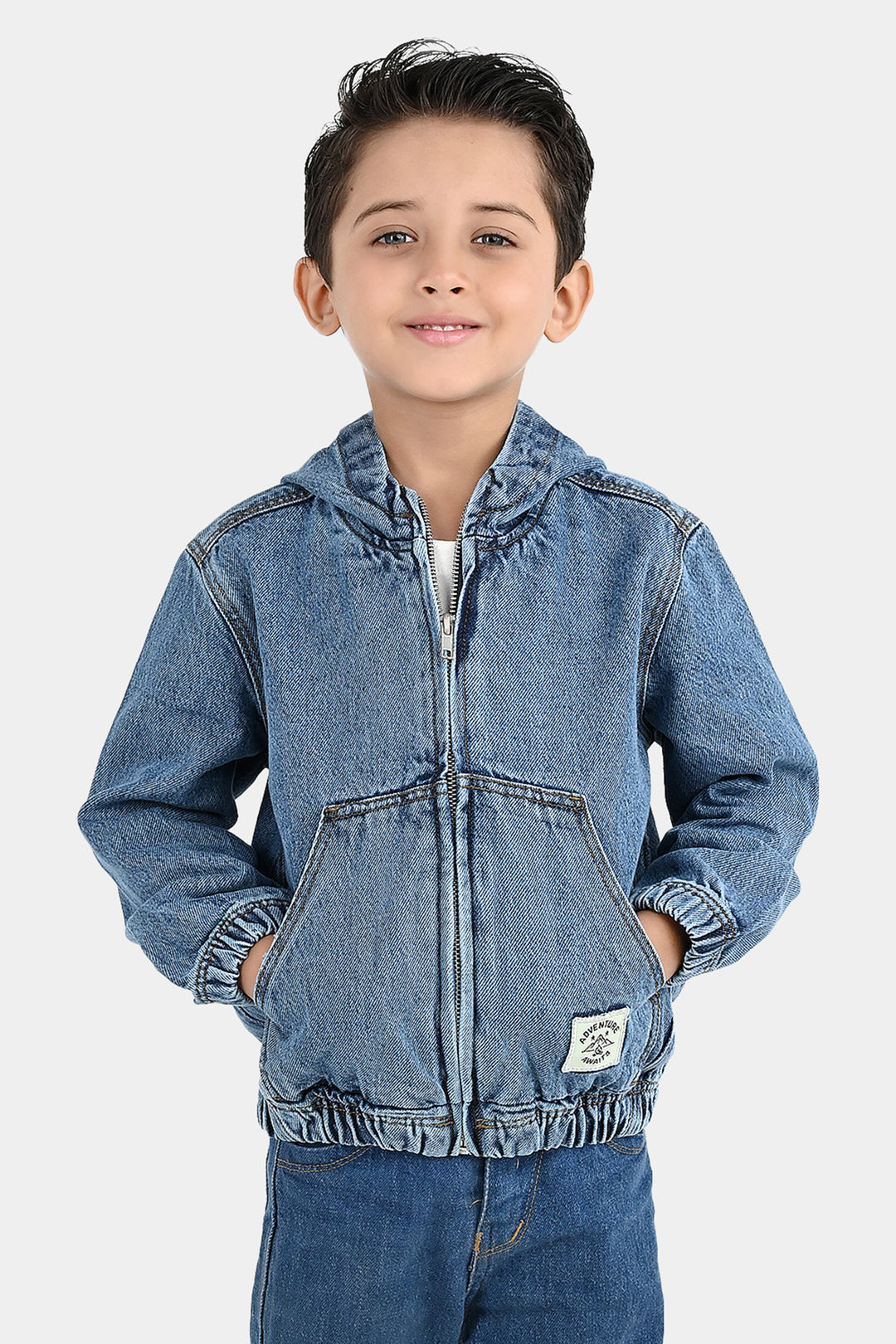 Boys Denim Rigid Jacket Adventure Awaits - Mid Blue