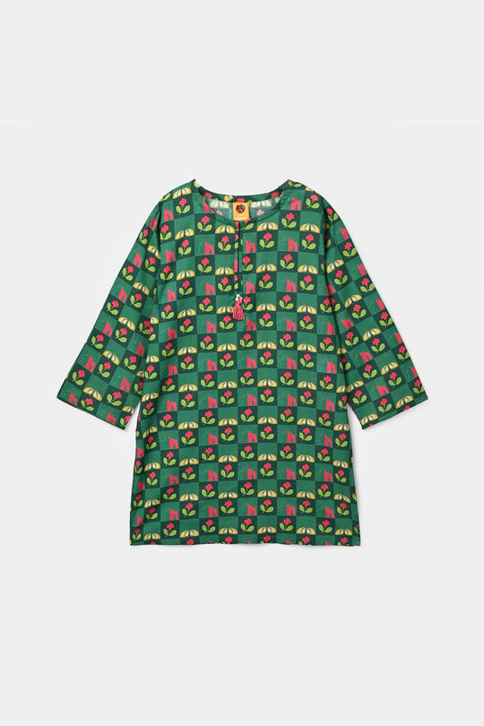Girls Cotton Independence Checks Kurti – Green