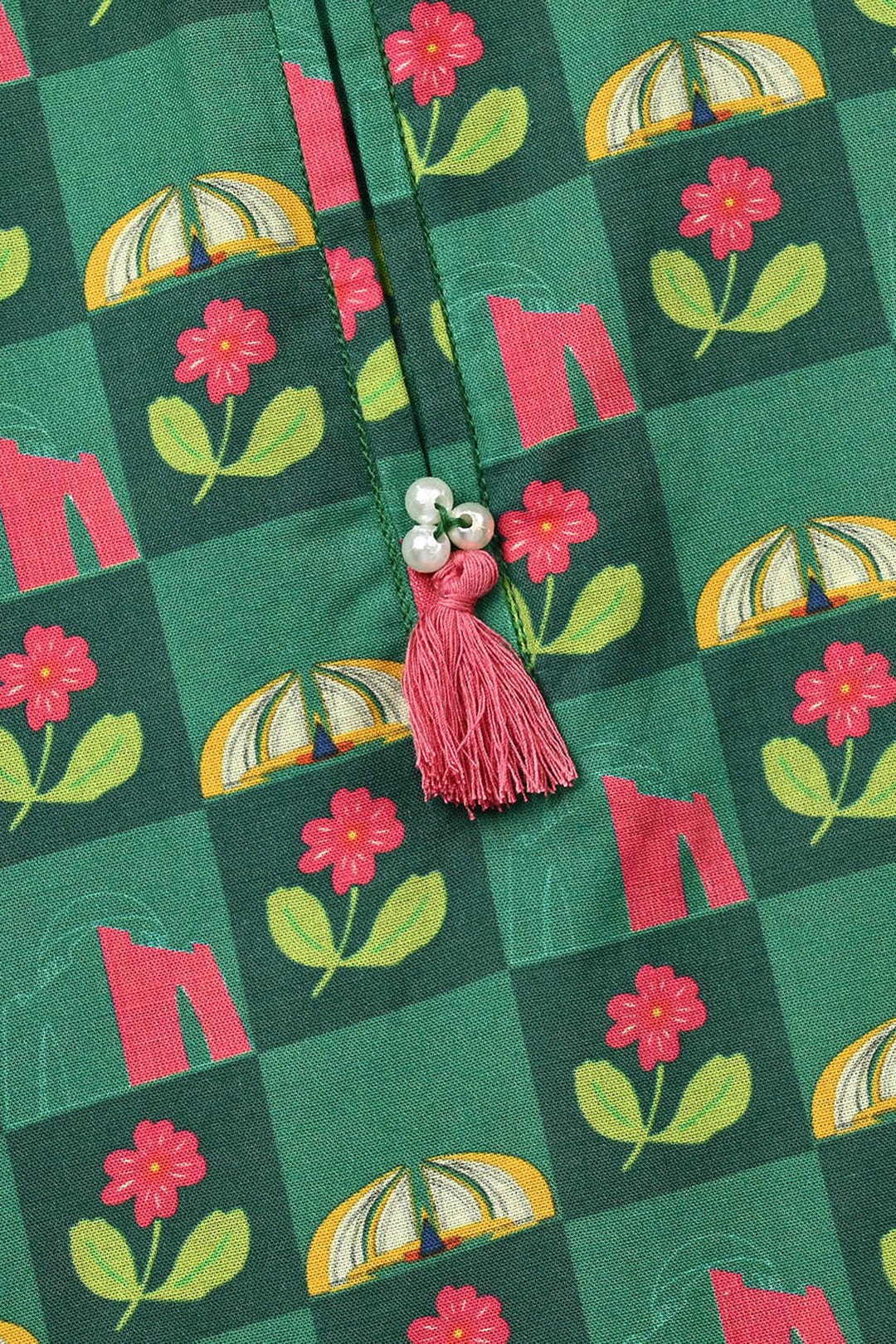Girls Cotton Independence Checks Kurti – Green