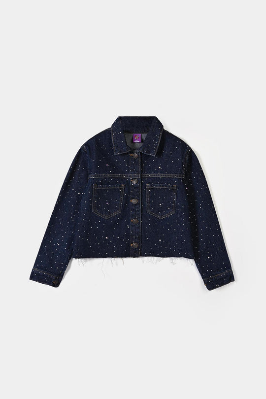 Girls Denim Rigid Woven Jacket Studs - Dark BLUE