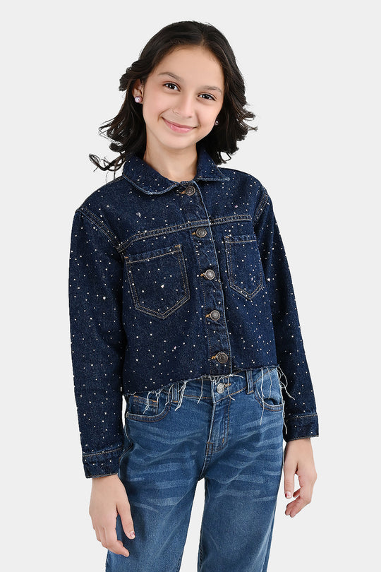 Girls Denim Rigid Woven Jacket Studs - Dark BLUE