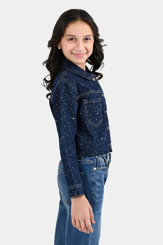 Girls Denim Rigid Woven Jacket Studs - Dark BLUE