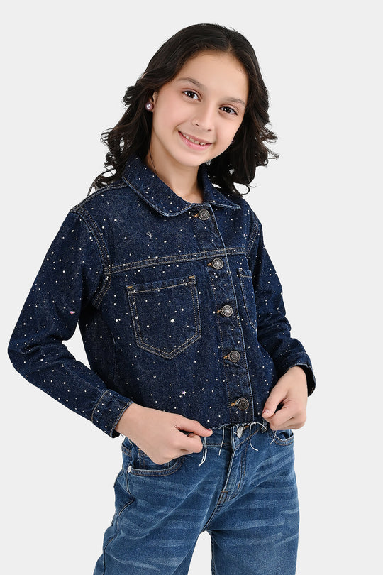Girls Denim Rigid Woven Jacket Studs - Dark BLUE