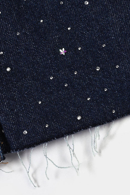 Girls Denim Rigid Woven Jacket Studs - Dark BLUE