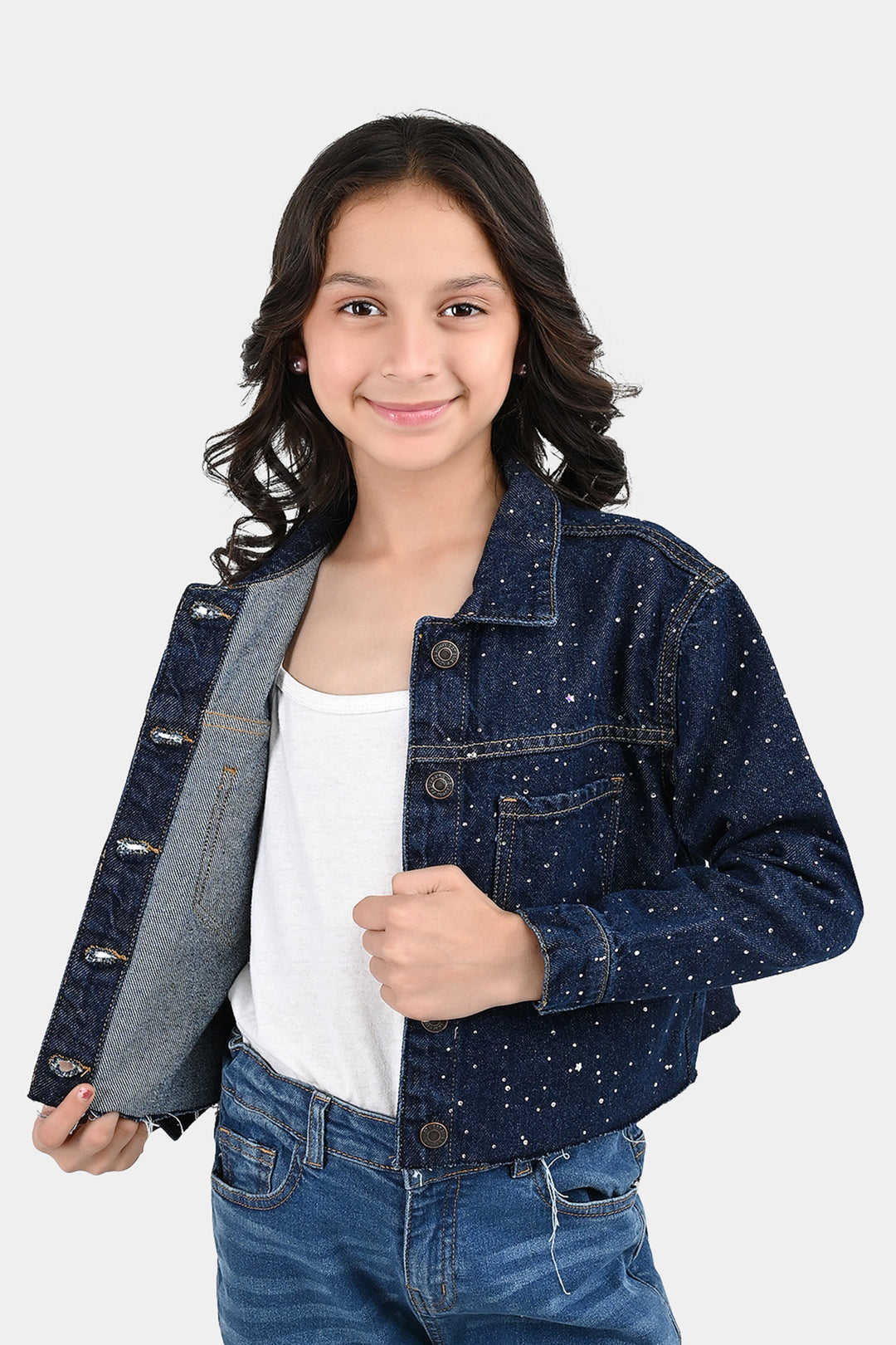 Girls Denim Rigid Woven Jacket Studs - Dark BLUE