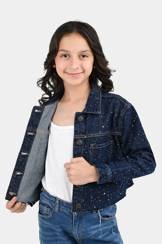 Girls Denim Rigid Woven Jacket Studs - Dark BLUE