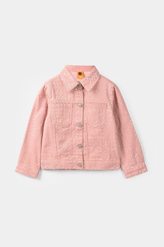 Girls Cotton Twill Woven Jacket Sequence Pink