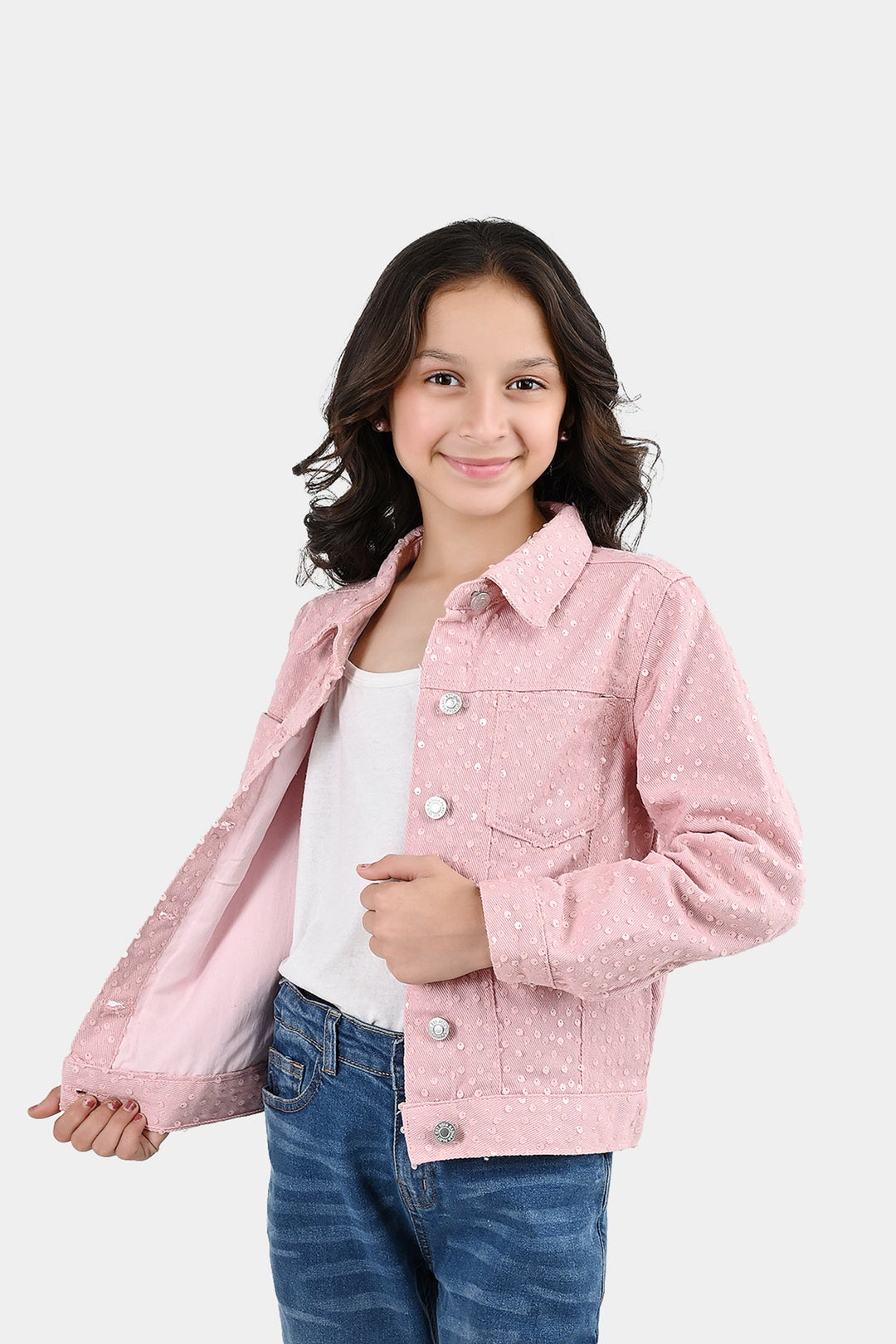 Girls Cotton Twill Woven Jacket Sequence Pink