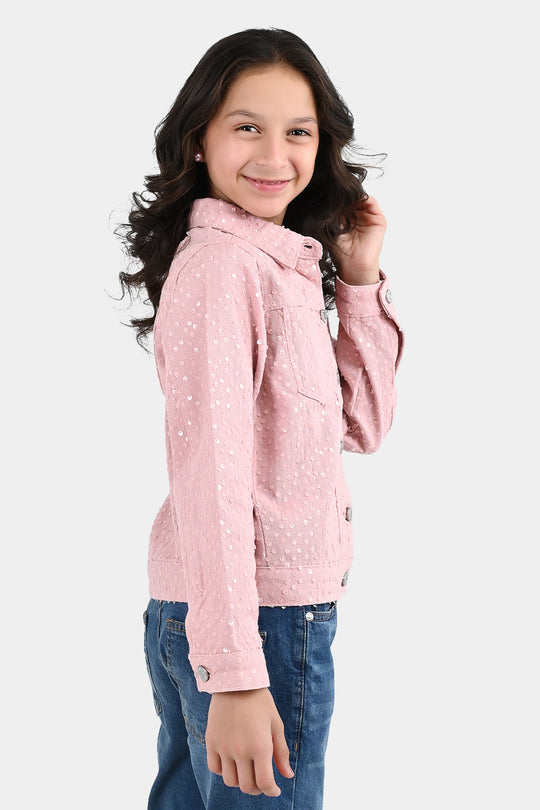 Girls Cotton Twill Woven Jacket Sequence Pink
