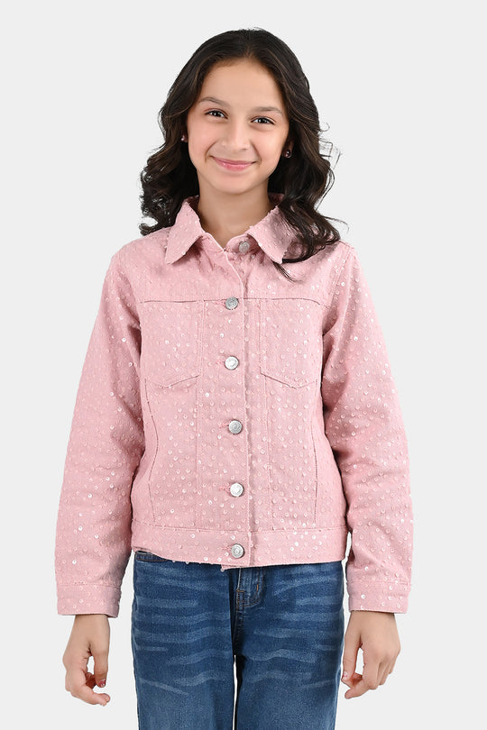 Girls Cotton Twill Woven Jacket Sequence Pink