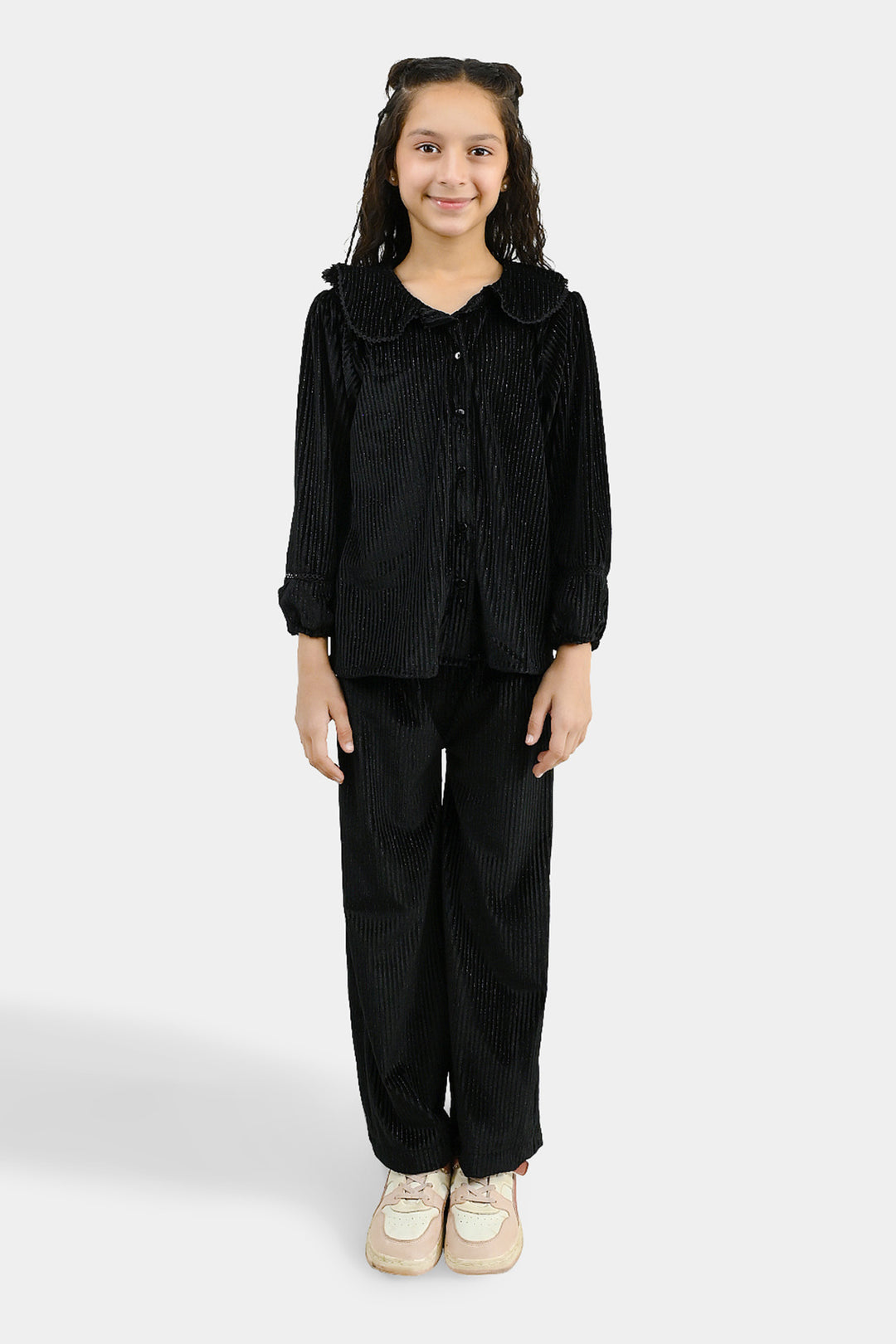 Girls Velvet Co-ord Set Shimmer Limes-BLACK