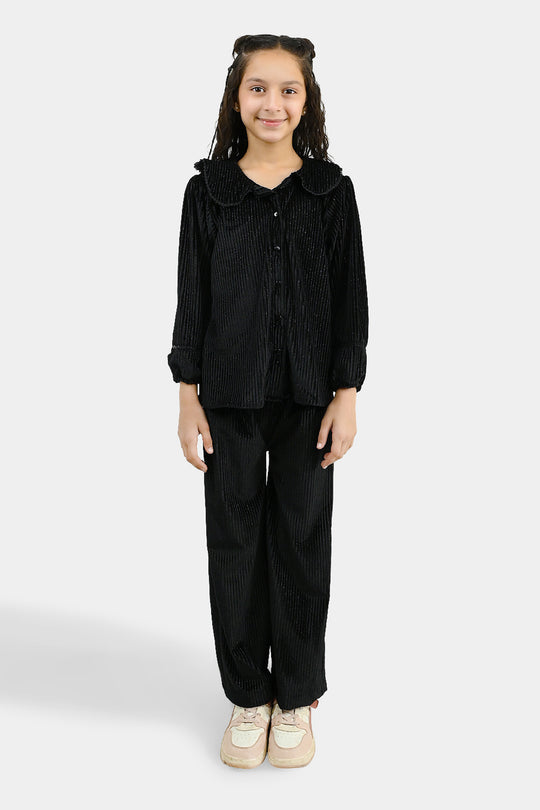 Girls Velvet Co-ord Set Shimmer Limes-BLACK