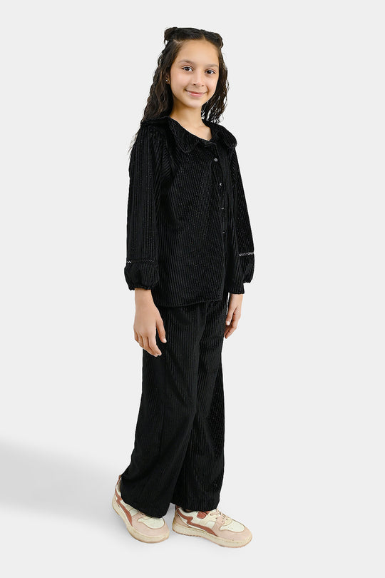 Girls Velvet Co-ord Set Shimmer Limes-BLACK