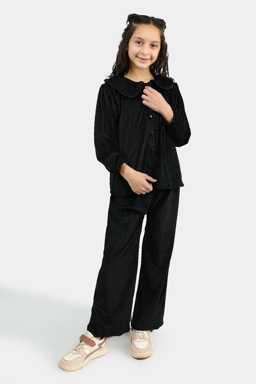 Girls Velvet Co-ord Set Shimmer Limes-BLACK