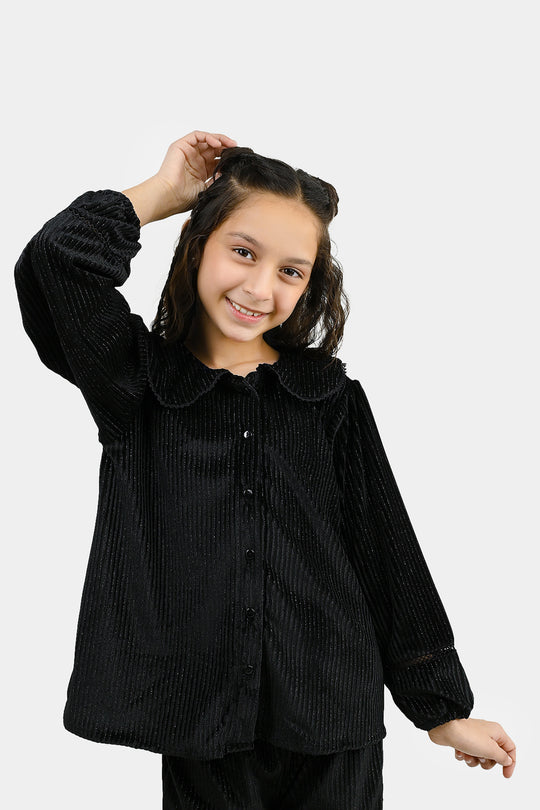 Girls Velvet Co-ord Set Shimmer Limes-BLACK