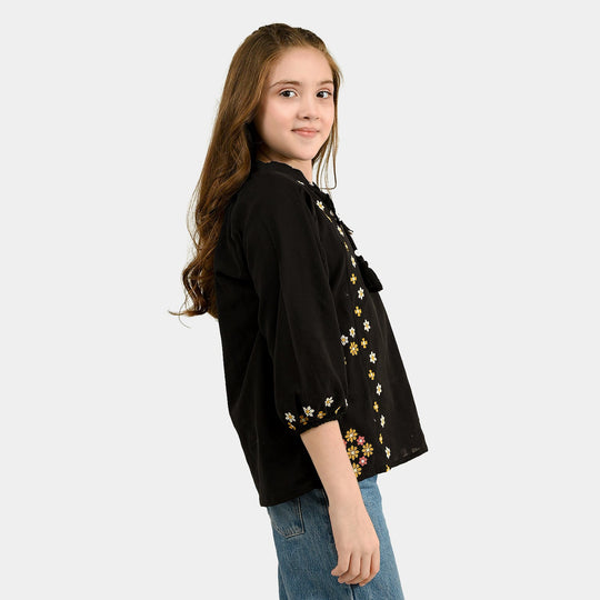 Girls Cotton Emb Top Moon-BLACK