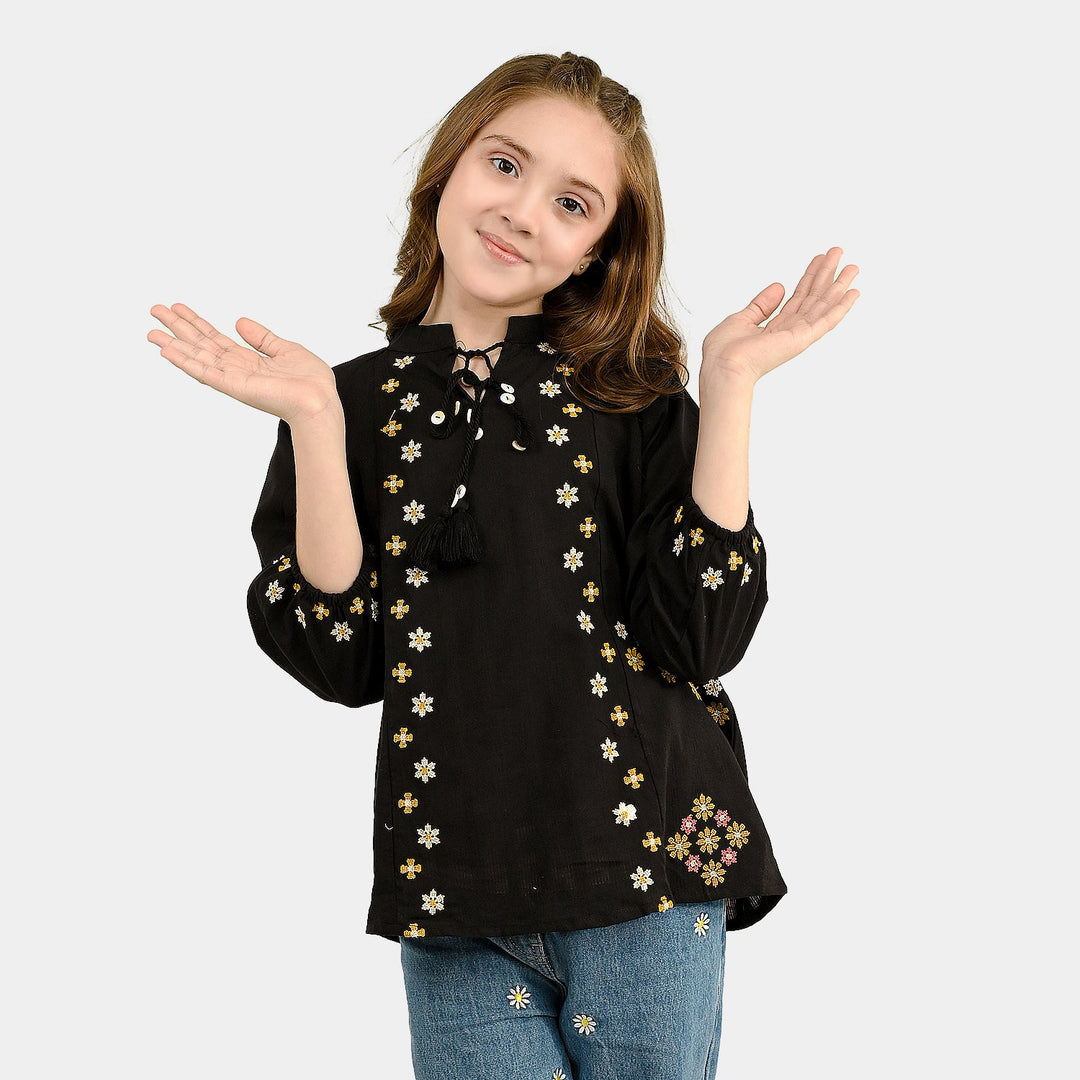 Girls Cotton Emb Top Moon-BLACK