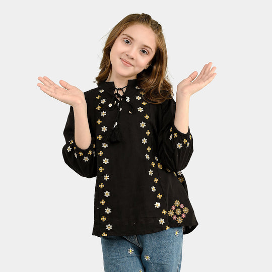Girls Cotton Emb Top Moon-BLACK