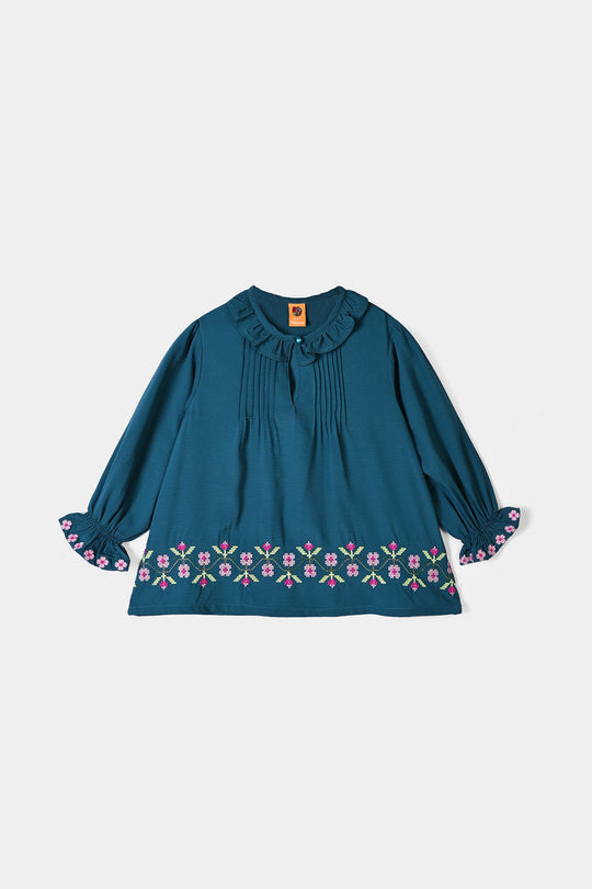 Girls Polyester Emb Top Cross Stitch- Teal