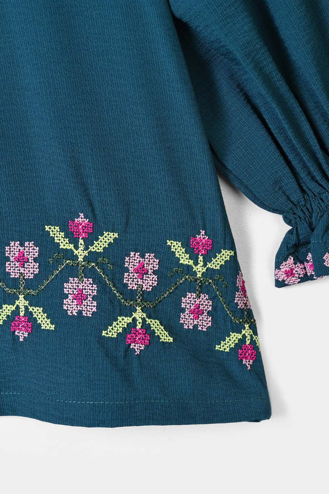 Girls Polyester Emb Top Cross Stitch- Teal