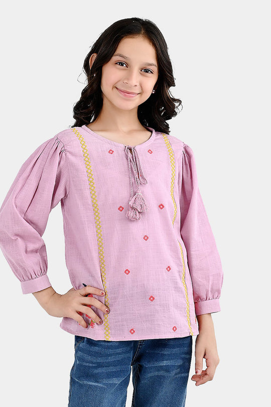 Girls Cotton EMB Top Cherry-Orchid
