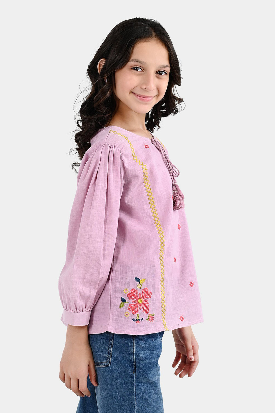 Girls Cotton EMB Top Cherry-Orchid
