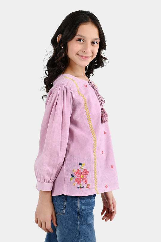 Girls Cotton EMB Top Cherry-Orchid