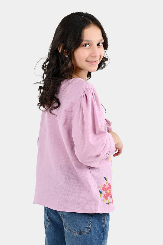 Girls Cotton EMB Top Cherry-Orchid