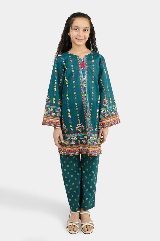 Girls Cotton Printed 2Pcs Batik-Teal