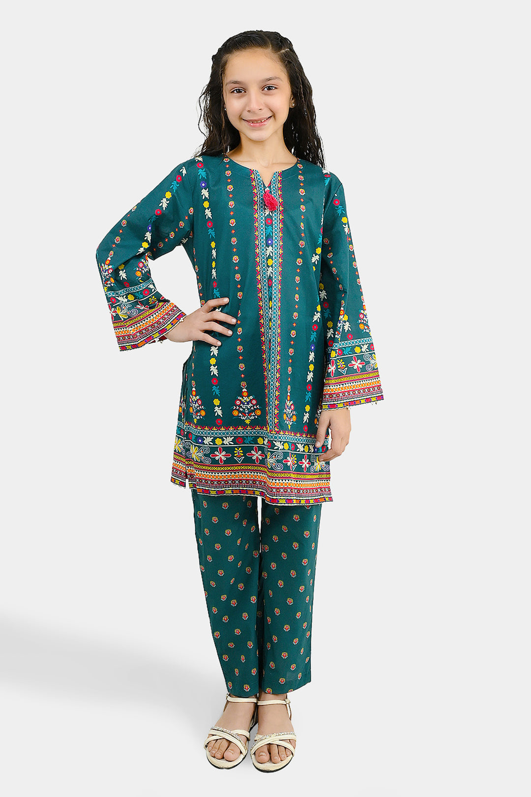 Girls Cotton Printed 2Pcs Batik-Teal