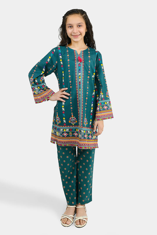 Girls Cotton Printed 2Pcs Batik-Teal