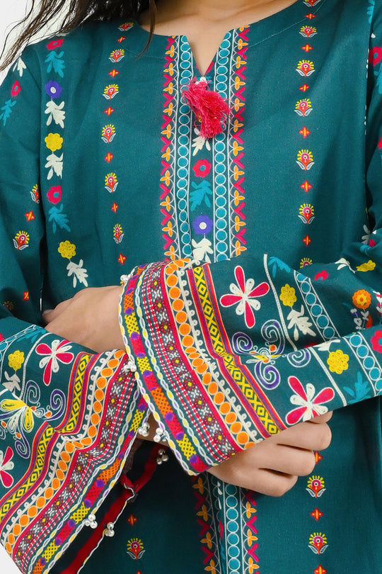 Girls Cotton Printed 2Pcs Batik-Teal